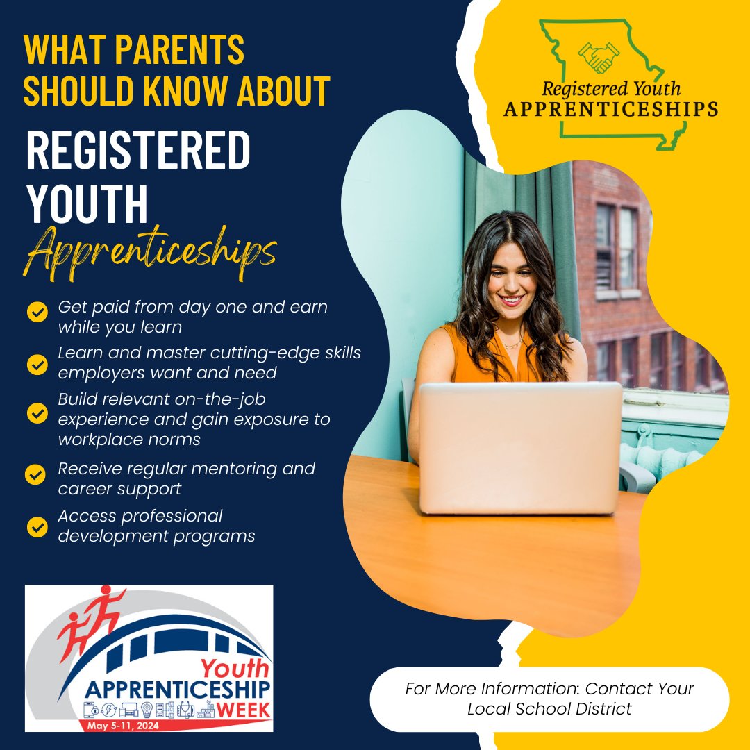 In celebration of National Youth Apprenticeship Week, May 5-11, Missouri @USDOLprovides Apprenticeship Training Representatives to assist industry and education partners with registered youth apprenticeship programs across the state. @moapprentices #showmeapprentices #yaw2024