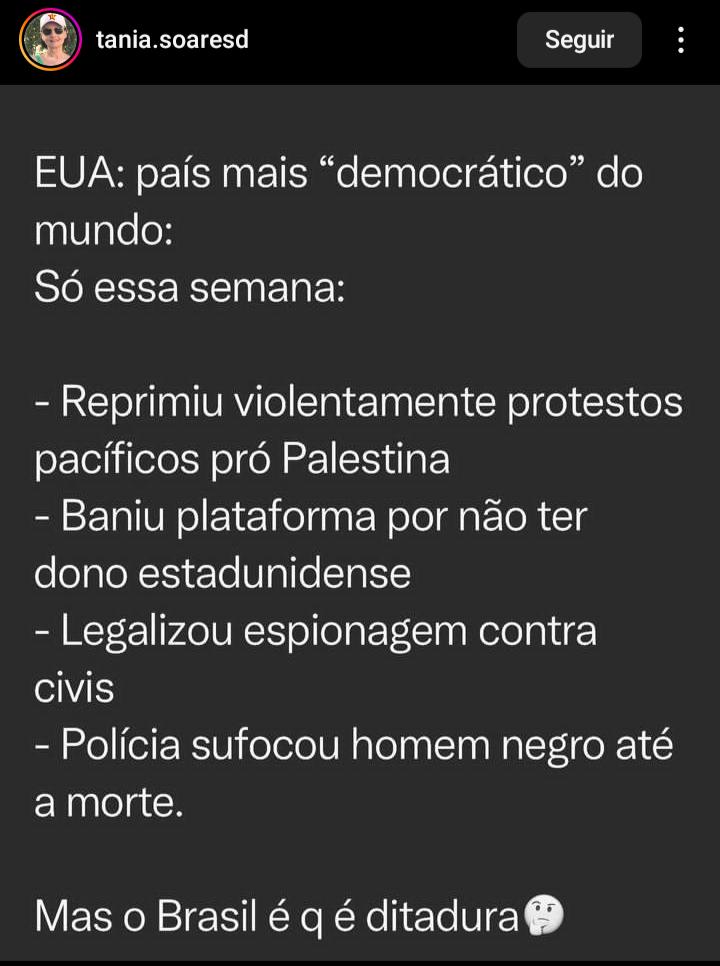 Bom dia, camaradas! 🦋☕
Democracia pra quem?

#EsquerdaSegueEsquerda #LulaBrasilDeSucesso #LulaMelhorParaTodos #LulaTrabalhoDigno #LulaMelhorPresidenteDoBrasil #BolsonaroLadrao #BolsonaroNaCadeia #BolsonaroEAliadosNaCadeia