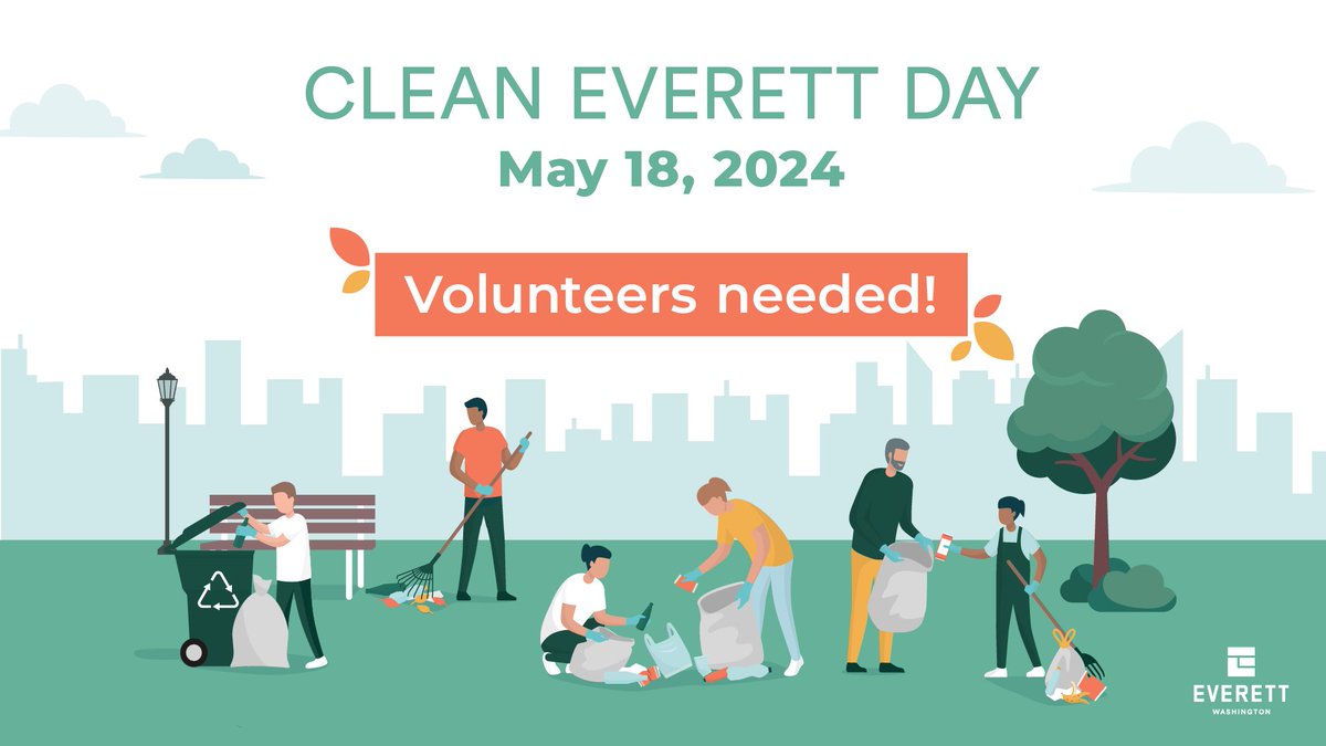 Clean Everett Day is about two weeks away and we need volunteers! Join neighbors in Everett as we clean trails, and offer free trash and yard debris disposal for residents on Saturday, May 18! More info: everettwa.gov/2856/Clean-Eve…