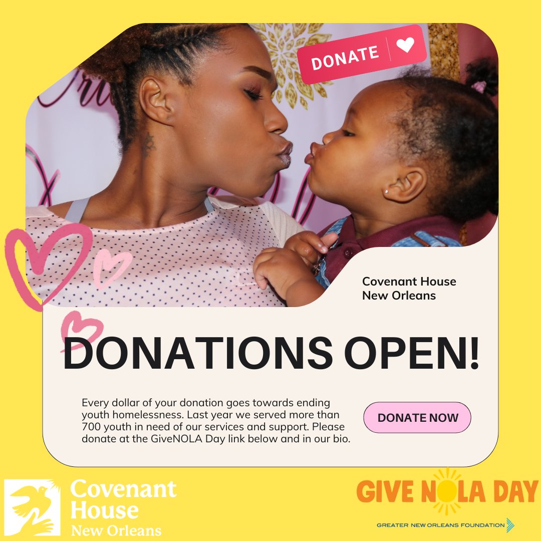 Donations are open! Please consider an early donation to #GiveNOLADay at the link below and in our bio. Every dollar helps us end youth homelessness.
givenola.org/covenant-house
#EndYouthHomelessness #CovenantHouse #CovenantHouseNewOrleans #CovenantHouseNola #Donate #Support