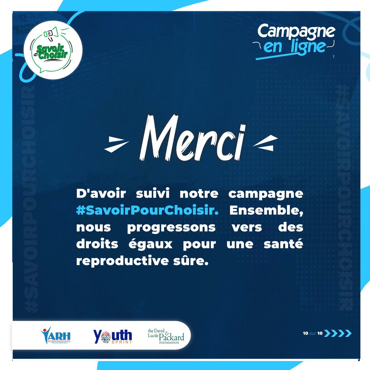 🙏🏾Merci à tous nos incroyables supporters pour leur engagement pendant notre campagne #SavoirPourChoisir avec @YouthSprint.
Ensemble, nous avons amplifié la voix de l'accessibilité à l'information sur la #SSR et le #ProtocoledeMaputo
Merci @PackardFdn pour votre soutien précieux.