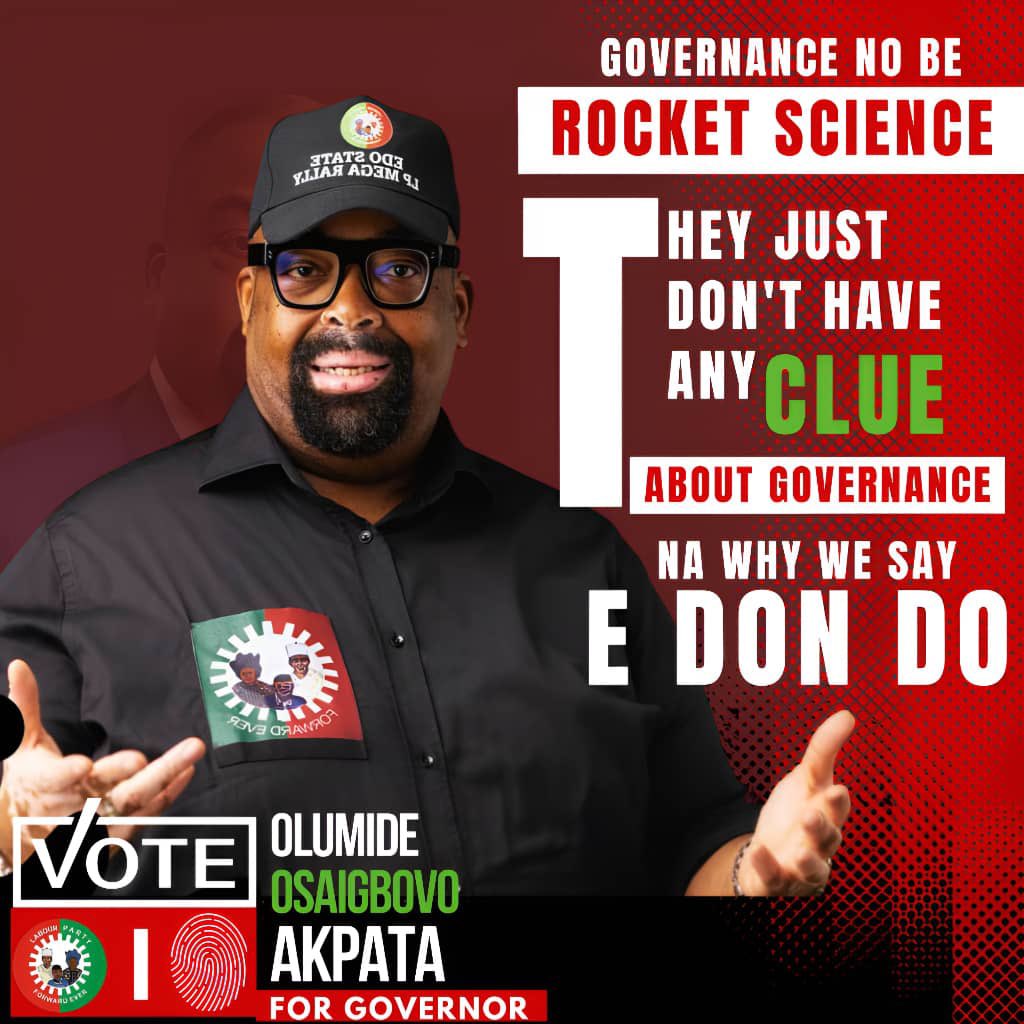 Since Governance dey hard una, e don do, make dem clear road for @OlumideAkpata It takes one with empathy for his people to truly provide the basics and more for those they govern, AKPATA GO DELIVER. 💯💪 AKPATA/KADIRI IS COMING. 💃💃💃 #AkpataIsOurGuy #Edo2024