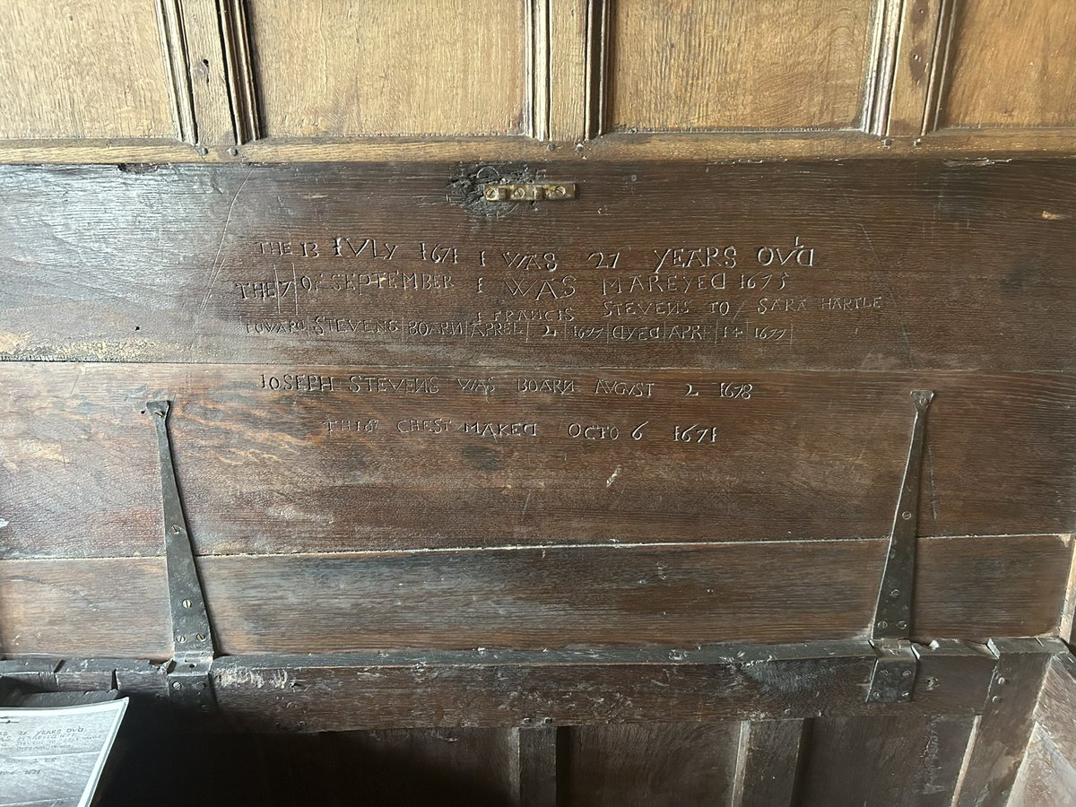 Francis Stevens recorded his marriage and the births of his children by carving them into the lid of this chest in the 1670s. @MerchantsHseUK