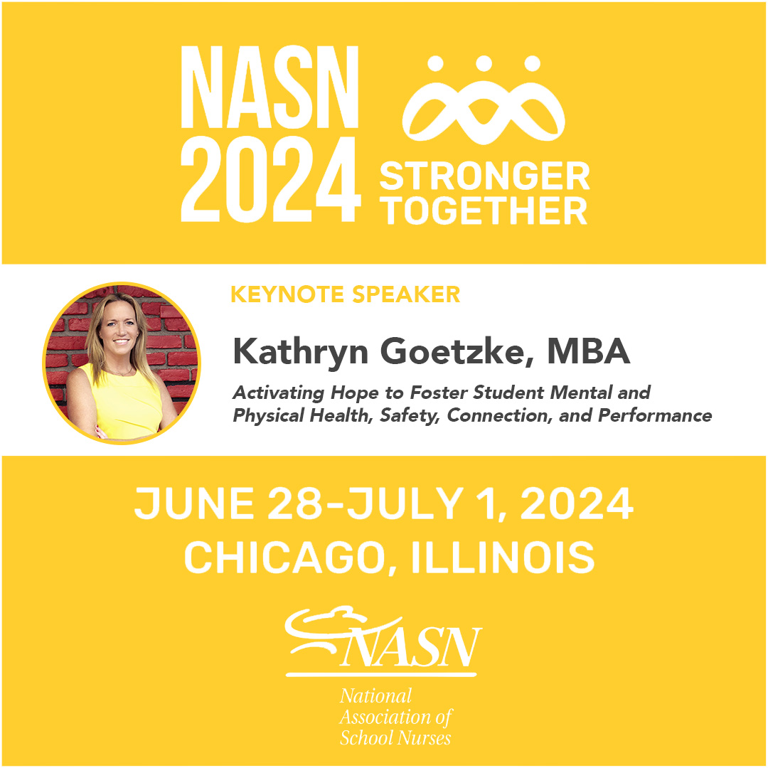 Our Chief Hope Officer, @KathrynGoetzke is the #Keynote for #NASN2024! Join the @schoolnurses (NASN) for an immersive #conference with #SchoolNurses, and hear Kathryn speak about the Science and Power of #Hope. Register at nasn.org/NASN2024. Don't miss out! #ShineHope