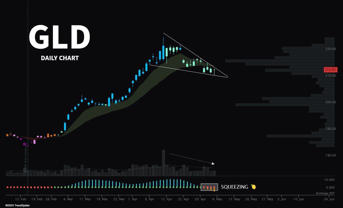 Will this year's Gold Rush continue? $GLD 🥇 Price is nearing the apex of a tight flag setup on descending volume + the TTM Squeeze has begun.