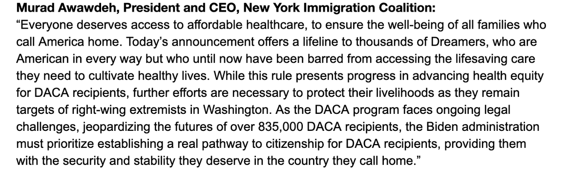 🚨 STATEMENT: Immigrant Advocates Applaud Inclusion & Expansion of Healthcare for DACA Recipients, Demand Pathway to Citizenship 'Today’s announcement offers a lifeline to thousands of Dreamers, who are American in every way...'@HeyItsMurad 🔗: nyic.org/2024/05/immigr…