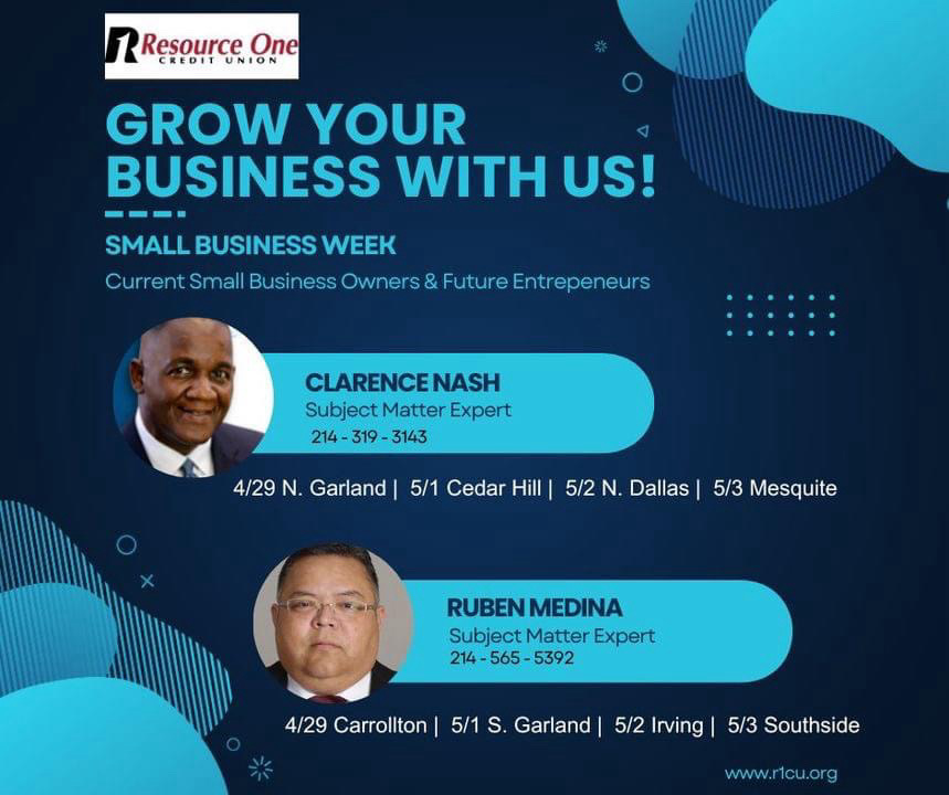 Join us for Small Business Week! Swing by the Mesquite branch to chat with Clarence or visit our SouthSide branch to meet Ruben today, Friday, May 3. See you there! #R1CU #SmallBusinessWeek