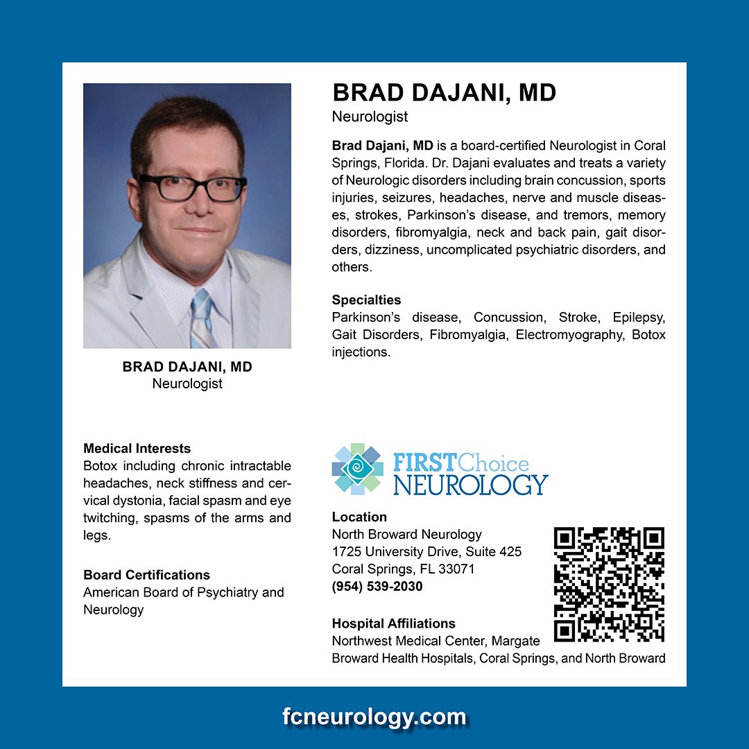 𝗣𝗵𝘆𝘀𝗶𝗰𝗶𝗮𝗻 𝗙𝗿𝗶𝗱𝗮𝘆 - 𝗠𝗲𝗲𝘁 𝗗𝗿. 𝗕𝗿𝗮𝗱 𝗗𝗮𝗷𝗮𝗻𝗶 Brad Dajani, MD is a board-certified Neurologist in Coral Springs. Scan the QR code to learn more about Dr. Dajani. #Neurologist #coralsprings #botox #coralspringsneurologist @CoralSpringsFL