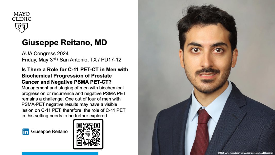 'Is There a Role for C-11 PET-CT in Men with Biochemical Progression of Prostate Cancer and Negative PSMA PET-CT?'
Don't miss Guiseppe Reitano, MD presenting!  
🗓️May 3, 2024
⏰5:20pm 
#AUA24 #ProstateCancer 
@Moh_ahmedMD