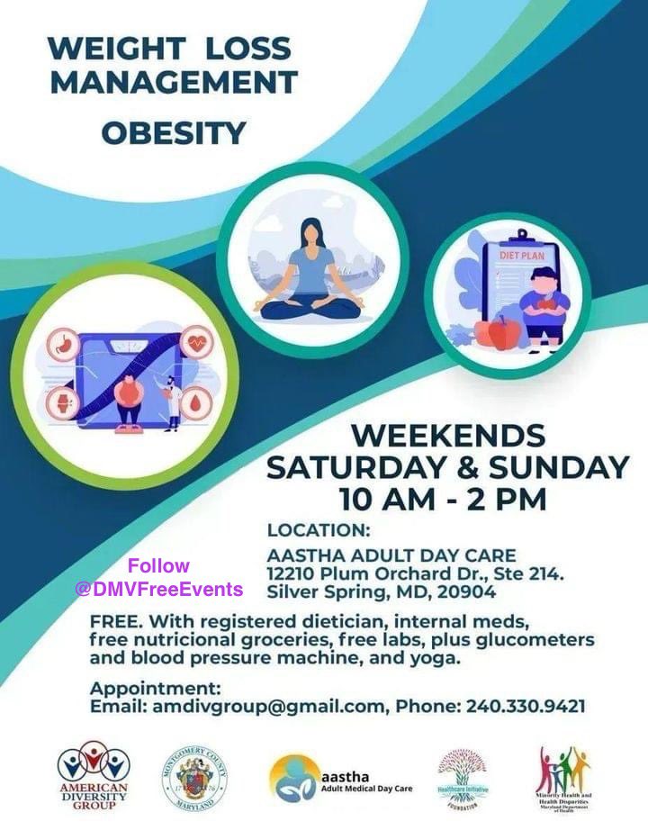 Saturdays& Sundays, Silver Spring, Weight Loss Management with registered dietitian, nutritional groceries & more 
DMV Free Events is not associated with the events. Organizations can make changes at their discretion. Contact the event organizer with any questions.
#DMVFreeEvents