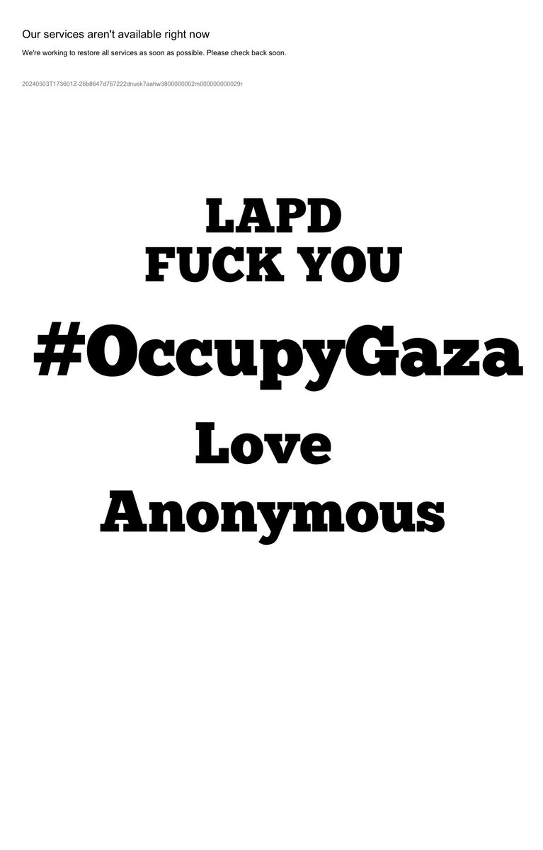 In solidarity with #Occupy4Gaza and the #StudentProtests 
#Anonymous has a message for 

lapdonline.org

Leave peaceful protestors alone we will not be silenced 
#Darkstorm #FreePalestine 

t.me/DarkStormTeamd