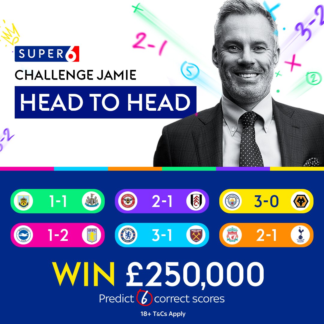 Jamie Carragher's #Super6 predictions are in 📲 Reckon you can beat him in the H2H challenge for the chance to win £100? 💷 Or even better, get all six correct scores to win the £250,000 jackpot 🤑