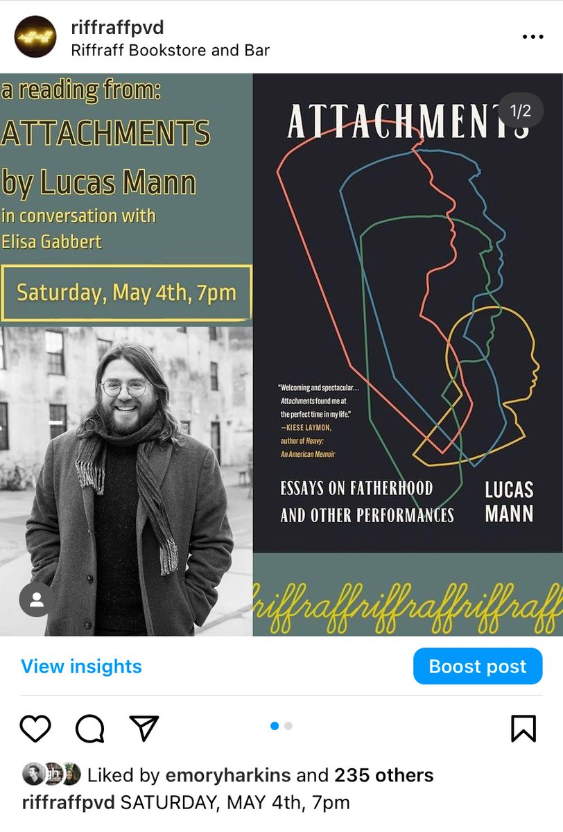 If you’re in the Providence area, I’m reading from attachments tomorrow night at a little bookstore bar called riffraff, and chatting with @egabbert