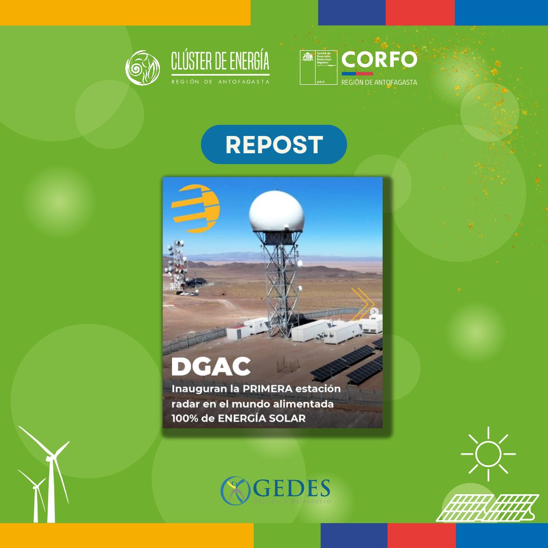 🔄 REPOST

Te invitamos a revisar este #repost del hito de inauguración del primer radar del mundo alimentado 100% de #energíasolar ☀️ 🛩️

+ Info 👉 shorturl.at/ksNW5
️

🔹@cluster_energia es una iniciativa impulsada por @CorfoAntofa

🔹 Programa agenciado a @GedesChile