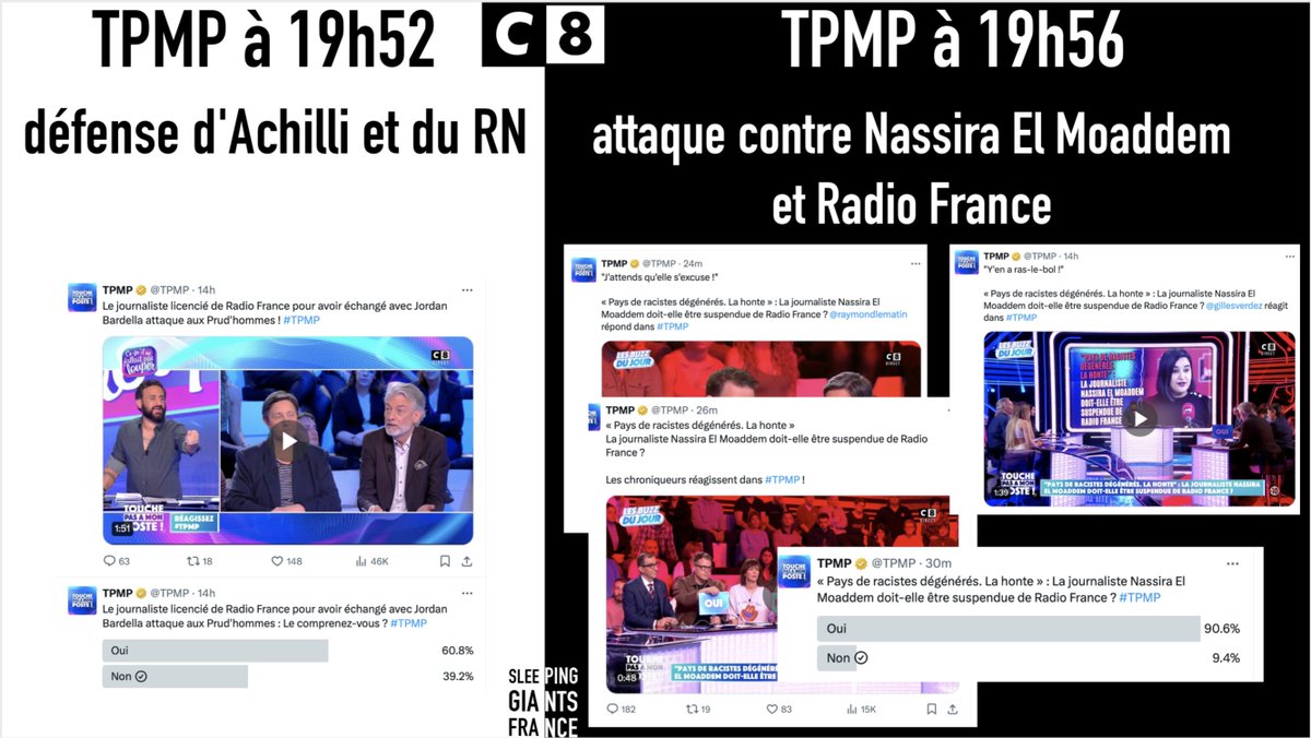 Impossible que l'attaque de #TPMP sur RadioFrance (40mn d'émission, pilonnage sur les réseaux sociaux) soit une erreur Elle tombe en plein dans la campagne de dénigrement de France Inter/du service public par les médias Bolloré suite à l'affaire Achilli/Bardella #NassiraElMoaddem