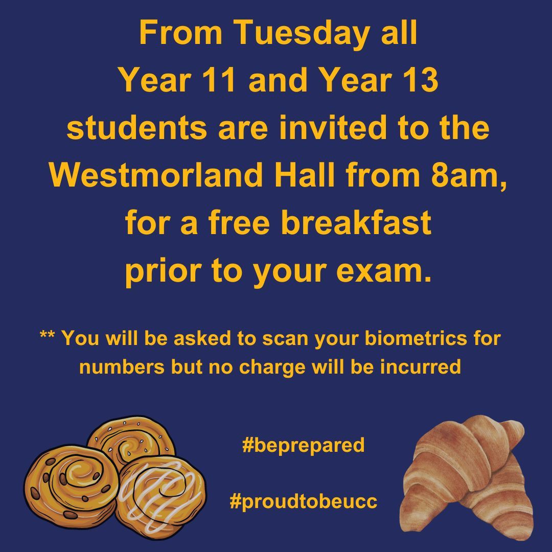 Reminder about free exam breakfasts... (Free toast remains in the Cumberland Hall for all other students) #proudtobeucc