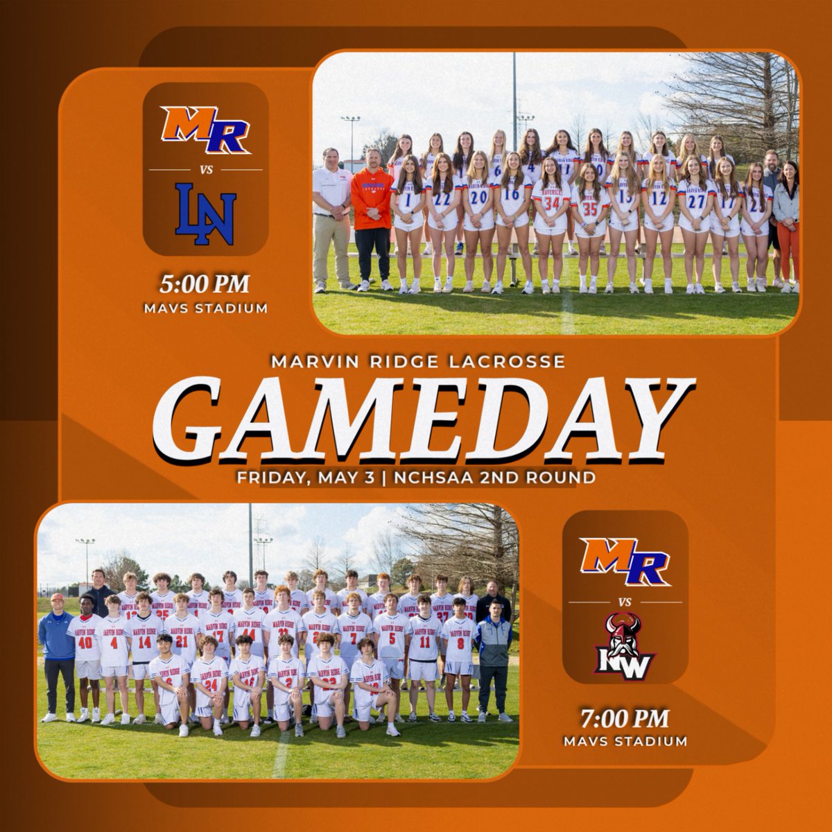It's gonna be a great night of Lacrosse in Mavericks Stadium tonight as both the Men &amp; Women host 2nd Round games in the NCHSAA 4A State Playoffs.  Let's see a big Mavs Nation turnout for both games!
#GOMAVS
<a href="/aghoulihan/">Andrew G. Houlihan</a> <a href="/ucpsncathletics/">UCPS NC Athletics</a>
