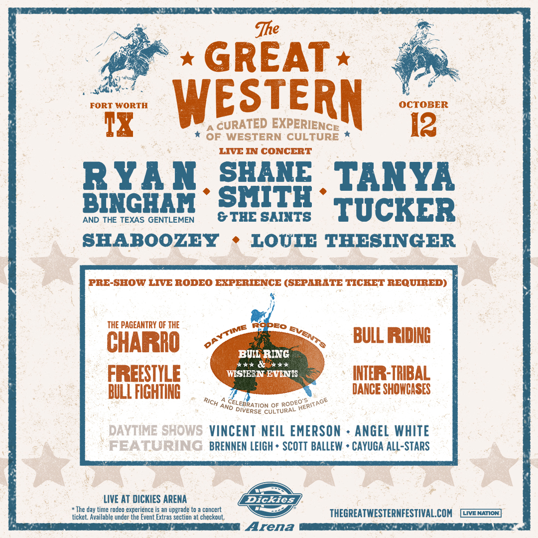 🌟 ON SALE NOW🌟 Ryan Bingham’s The Great Western on Saturday, October 12th at Dickies Arena! Cowboy up your experience with a ticket upgrade to access the Daytime Rodeo & Western Experience! 🎟️: ticketmaster.com/event/0C006093… More information: thegreatwesternfestival.com