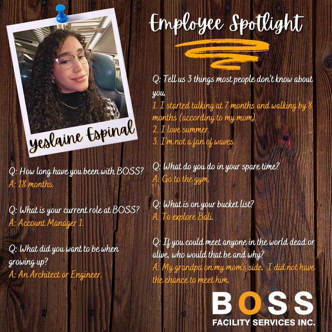 BOSS would like to recognize one of it's BOSSOME employees for May's Employee Spotlight. Yeslaine Espinal, Account Manager 1, is an asset to the team! We appreciate your hard work and dedication. Congratulations!  
#employeespotlight #bossome #teamboss #teamwork