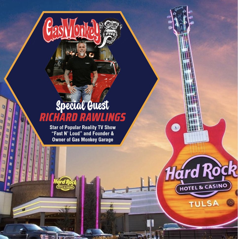 We are very grateful to have @tulsahardrock as one of our main sponsors! This year, they are hosting a Q&A with @rrrawlings on that 'Hard Rock Stage' at Route 66 Road Fest! Rawlings is the star of the popular TV Show 'Fast N' Loud' and founder and owner of Gas Monkey Garage.