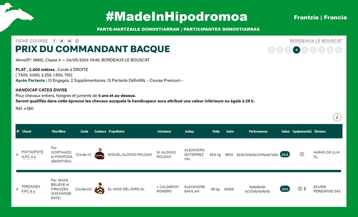 [𝗣𝗔𝗥𝗧𝗔𝗡𝗧𝗦 𝗗𝗢𝗡𝗢𝗦𝗧𝗜𝗔𝗥𝗥𝗔𝗦] 🇫🇷 Bordeaux Le Bouscat 🗓️ 04/05/2024 ◾️ Prix du Commandant Bacque (11:40h): PINTXOPOTE | FARZANEH. 🎉 Zorte on! #MadeInHipodromoa