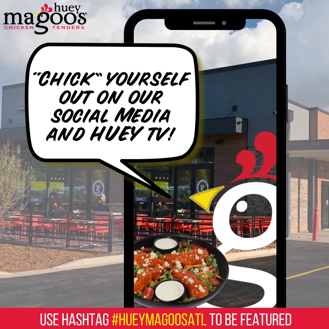 Use the hashtag #HueyMagoosATL next time you stop by for a chance to be featured in-store on the Huey TV and on our social media with photo credit to you! 🤩🐔

#HueyMagoos #ChickenTenders #GreatestOfAllTenders