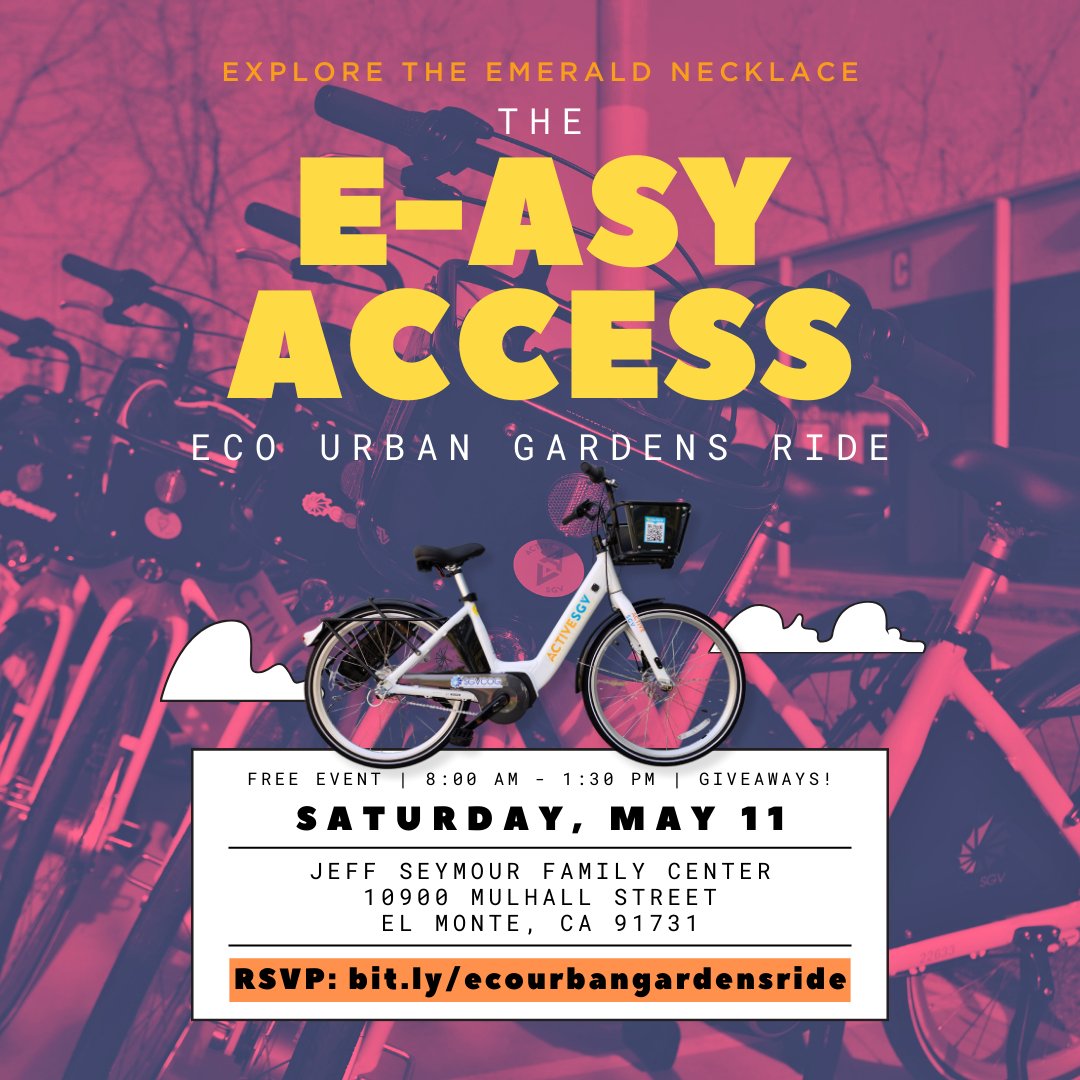 Join us next Saturday, May 11, for an E-asy Access tour and bike ride with Eco Urban Gardens! 17 miles. Start/finish at Jeff Seymour Family Center. GoSGV e-bikes are available to reserve. RSVP: bit.ly/ecourbangarden… #MeasureA