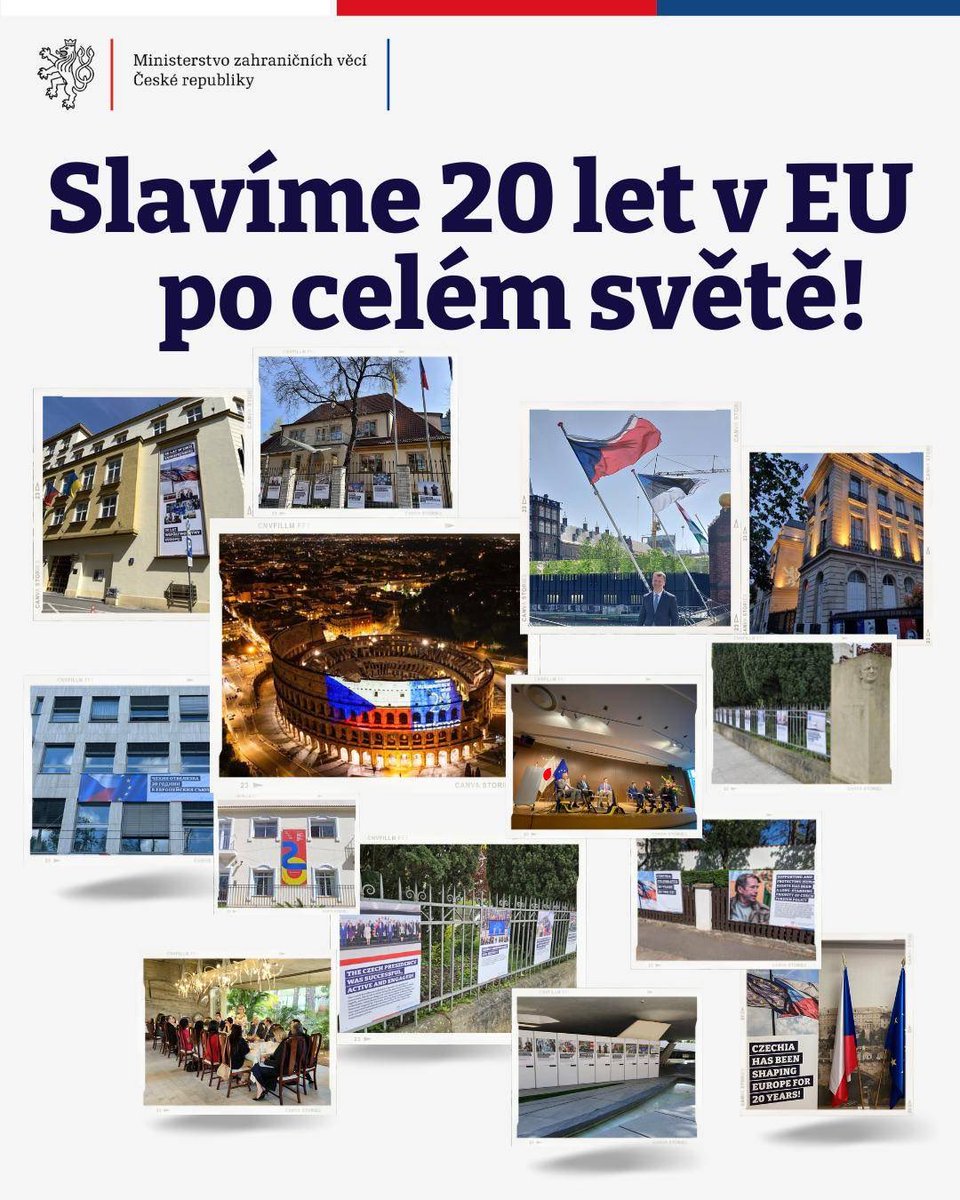 🎉 Výročí Česka 🇨🇿 v EU 🇪🇺 slavíme po celém světě! 20. výročí v Unii si připomínají i naše ambasády a konzuláty.