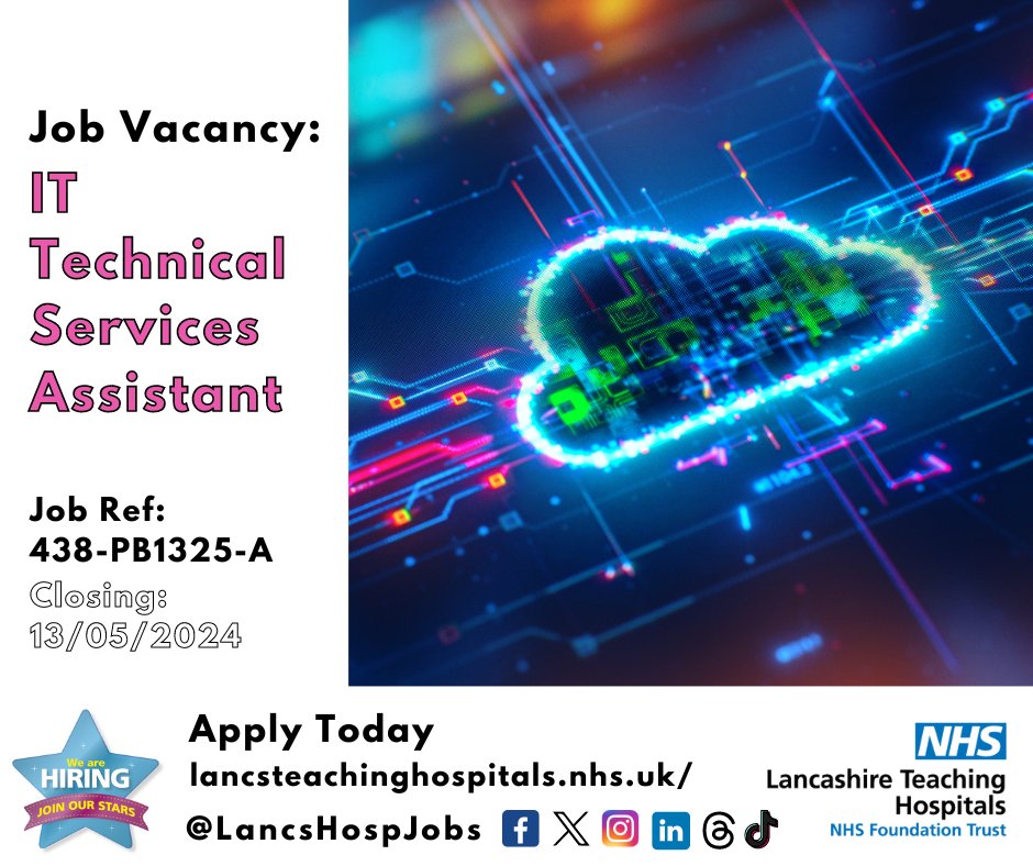 Job Vacancy: IT Technical Services Assistant @LancsHospitals ⏰Closes: 13/05/2024 Read more and apply: lancsteachinghospitals.nhs.uk/join-our-workf… #NHS #NHSjobs #Lancashire #Preston #InformationTechnology #IT #Technical