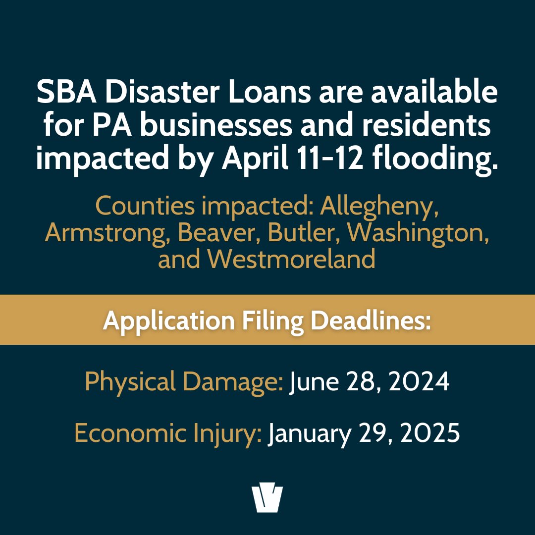 .@SBAgov has issued a disaster declaration for PA businesses & residents affected by flooding on April 11 & 12. For more information on the types of loans available and where to apply visit: sba.gov/article/2024/0….