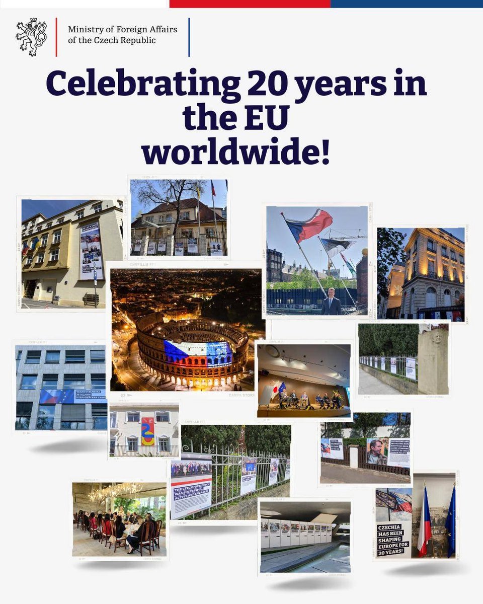 🎉 Commemorating Czechia's 🇨🇿 anniversary in the EU 🇪🇺 worldwide! Czech Embassies and Consulates are celebrating 20 years in the EU as well.