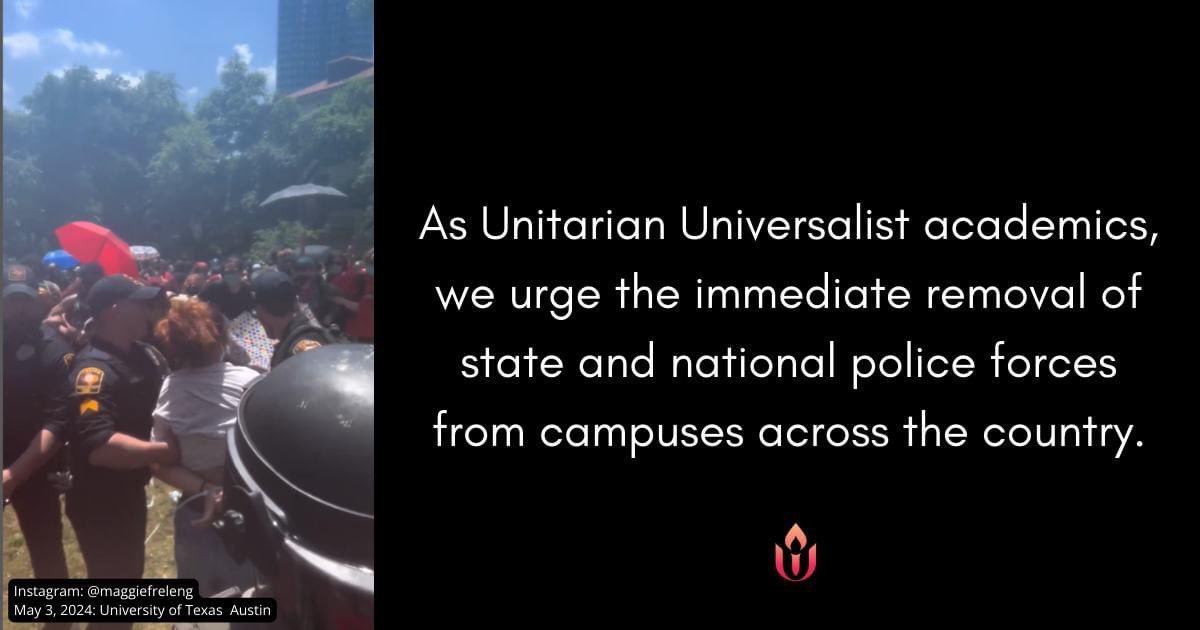 Unitarian Universalist academics are being encouraged to sign on to this letter of support for the student movement for a Free Palestine See full statement here: bit.ly/3WrfH7s Sign-on here: bit.ly/4a3tggm #UUTwitter