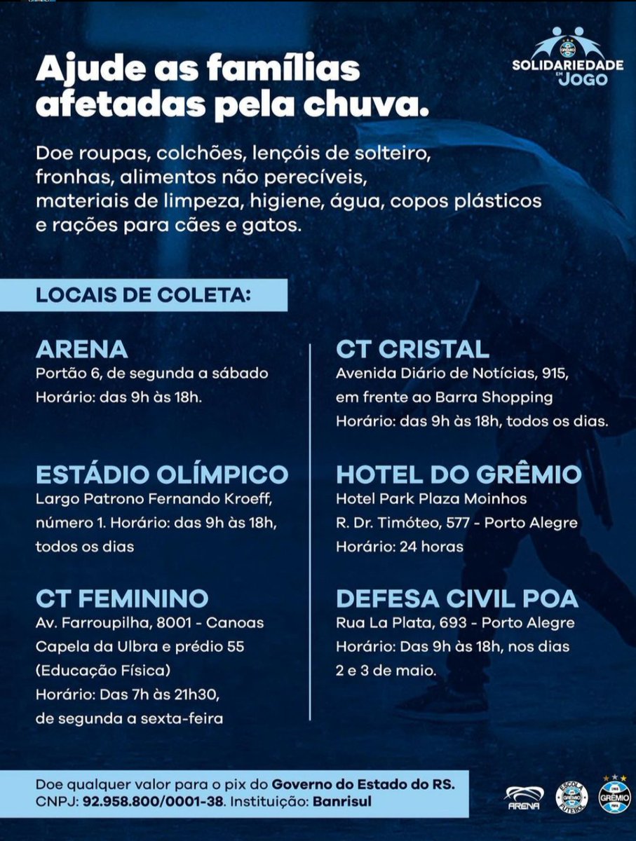 bubugfbpa's tweet photo. Como ajudar? 

Se você for do RS, pode deixar suas contribuições em alguns pontos de coletas, veja abaixo, alguns pontos que os times de futebol Grêmio, Internacional e Juventude disponibilizaram: https://t.co/H6ZcM17gDD