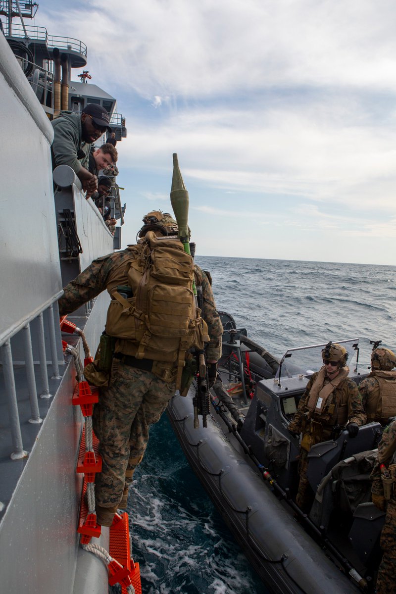 VBSS with a rocket-propelled grenade. A US Marine with Maritime Special Purpose Force stands by to embark on a rigid-hull inflatable boat during a visit, board, search, and seizure (VBSS) exercise, off the coast of Morehead City, North Carolina, April 16.