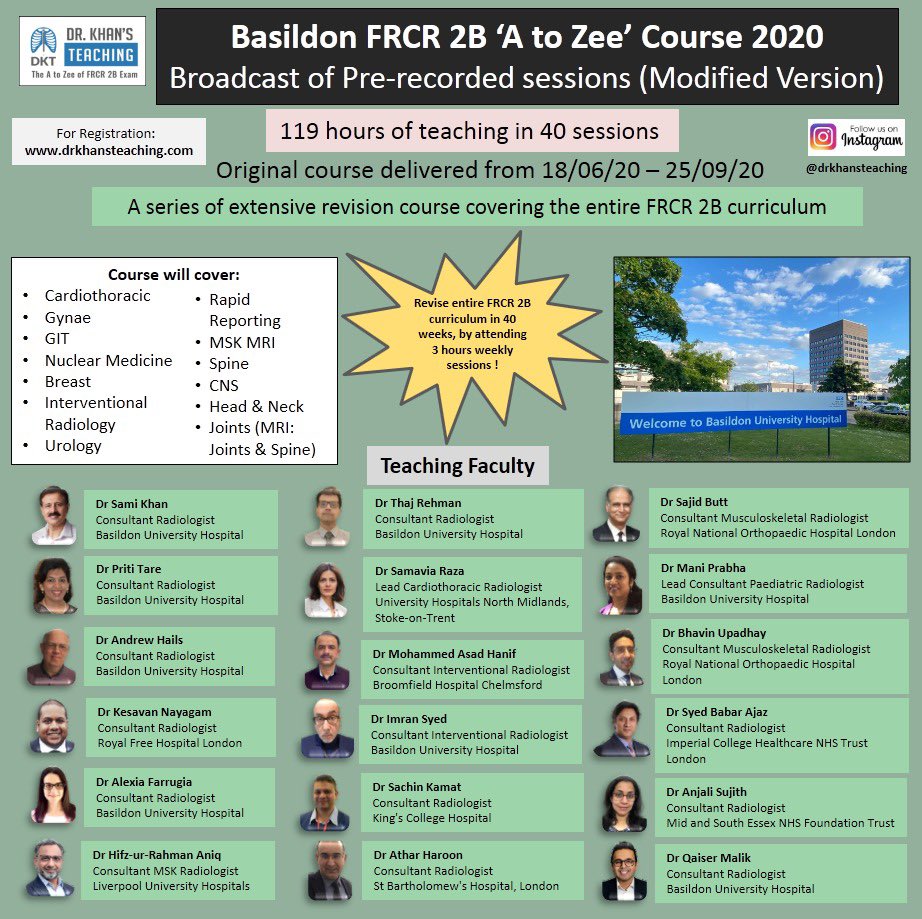Please DO NOT miss it

*PRE-RECORDED: Basildon FRCR 2B 'A to Zee' Course 2020 (Session 1/40)*
*Chest X-Ray for FRCR Exam (Part-1)*

A case based comprehensive FRCR 2B exam revision course, designed exclusively on plain X-rays

This will be delivered by *Dr Thaj Rehman*