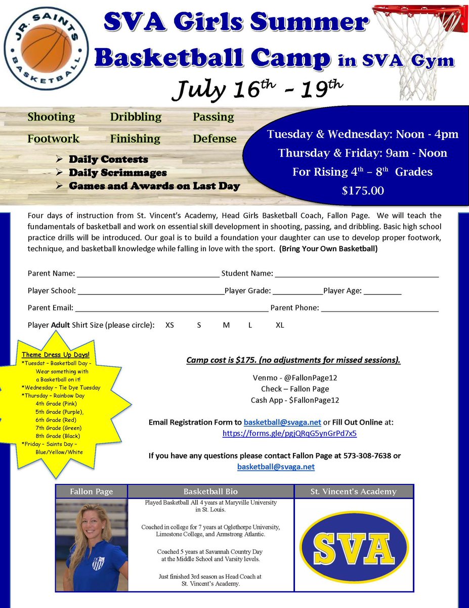 SVA Girls Summer Basketball Camp June 16th-19th for Rising 4th-8th graders! Register today to save a spot! forms.gle/pgjQRqG5ynGrPd…