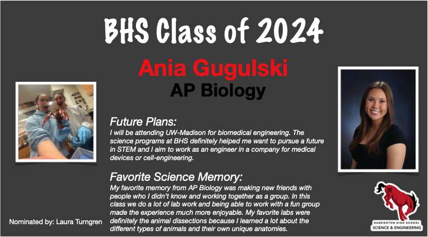 Today <a href="/BarringtonHS220/">Barrington High School</a> and Mrs. Turngren recognize Ania Gugulski for the Outstanding Senior award for AP Biology! Congratuations Ania, and best of luck next year at UW-Madison!