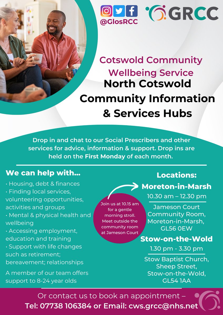 Due to the #BankHoliday, our Community Hubs in Moreton in Marsh & Hub Stow-on-the-Wold will be held on Monday, 13th May. ☕️Come along for a hot drink, hear about a range of services that could benefit you and meet our wonderful team of #SocialPrescribers! See ALT text for more.