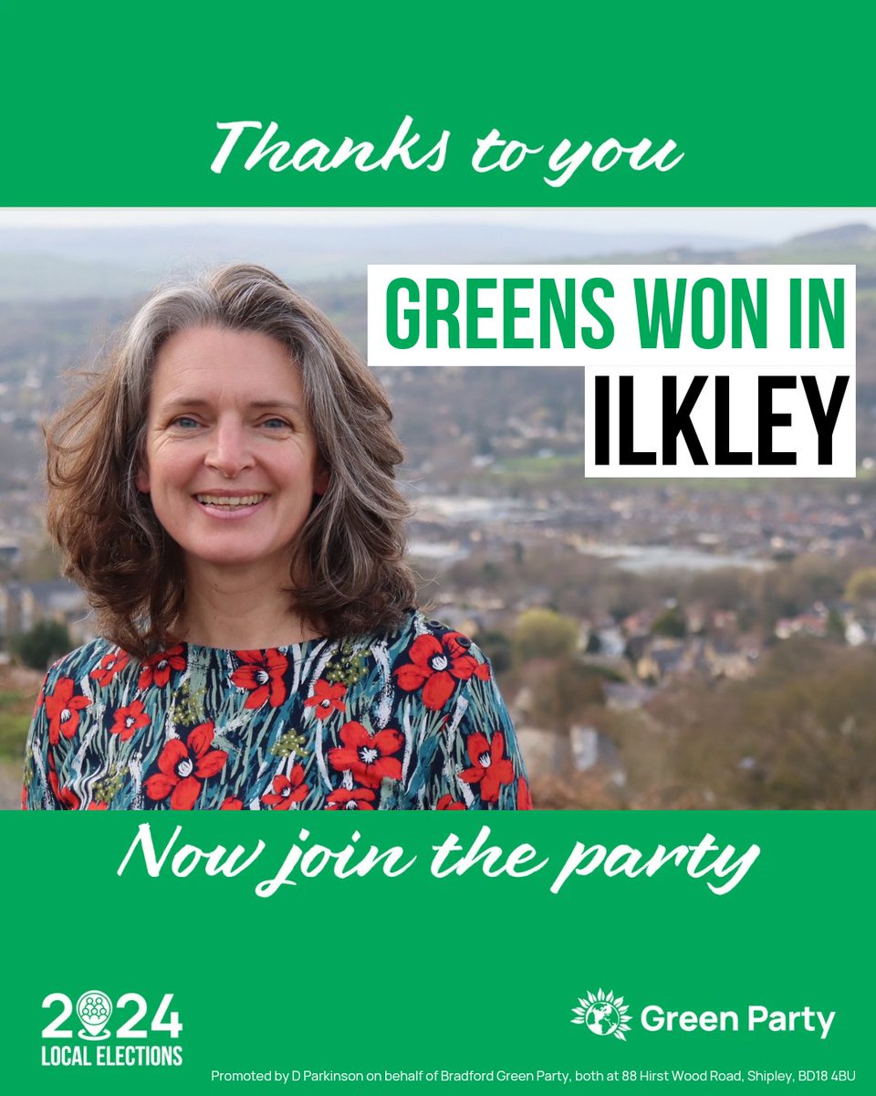 🎉 Green win in Ilkley! 🌟 Ros Brown is elected as Green Party councillor for Ilkley 🌟 🟢 Ros is the first ever Green Party district councillor in this staunch Tory Ward! 👏 Congratulations to Ros!! #GetGreensElected #FairerGreenerBradford