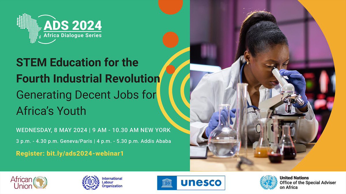 @AfricanUnionUN invites you to join the #ADS2024 Int’l webinar on 8th of May, under the theme “STEM #Education for the #FourthIndustrialRevolution Generating Decentralized Jobs for #Africa’s Youth”.

Please register in advance 👉🏽 bit.ly/ads2024-webina…

#Agenda2063
#Agenda2030