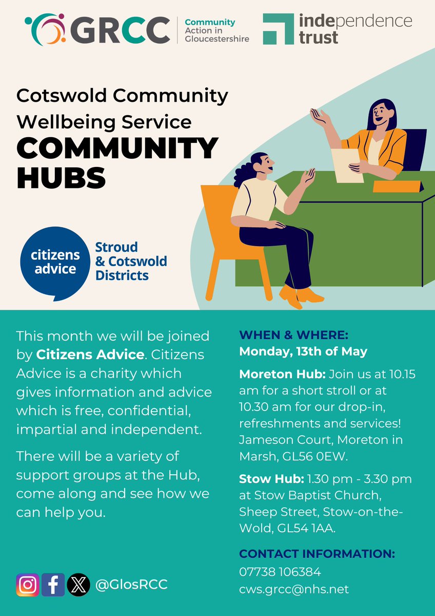 Join us on Monday (13th of May) for our Moreton in Marsh & Stow on the Wold Community Hubs. This month we will be joined by @Cotswoldcab's Steve Brawley, alongside many other support services. See the poster or ALT text for more info! #warmspace #communityhub #cotswolds