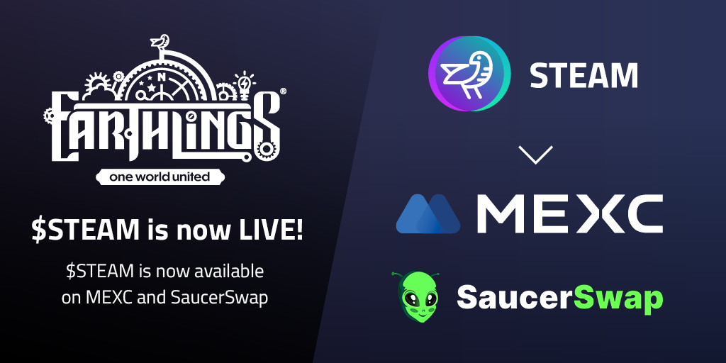 🎊 $STEAM is now available on @MEXC_Official and @SaucerSwapLabs 🛸. If you participated in the IDO or INO, head to Headstarter.org (portfolio page) to claim your $STEAM. For all other $STEAM claims, visit earthlings.land/?page=steam .