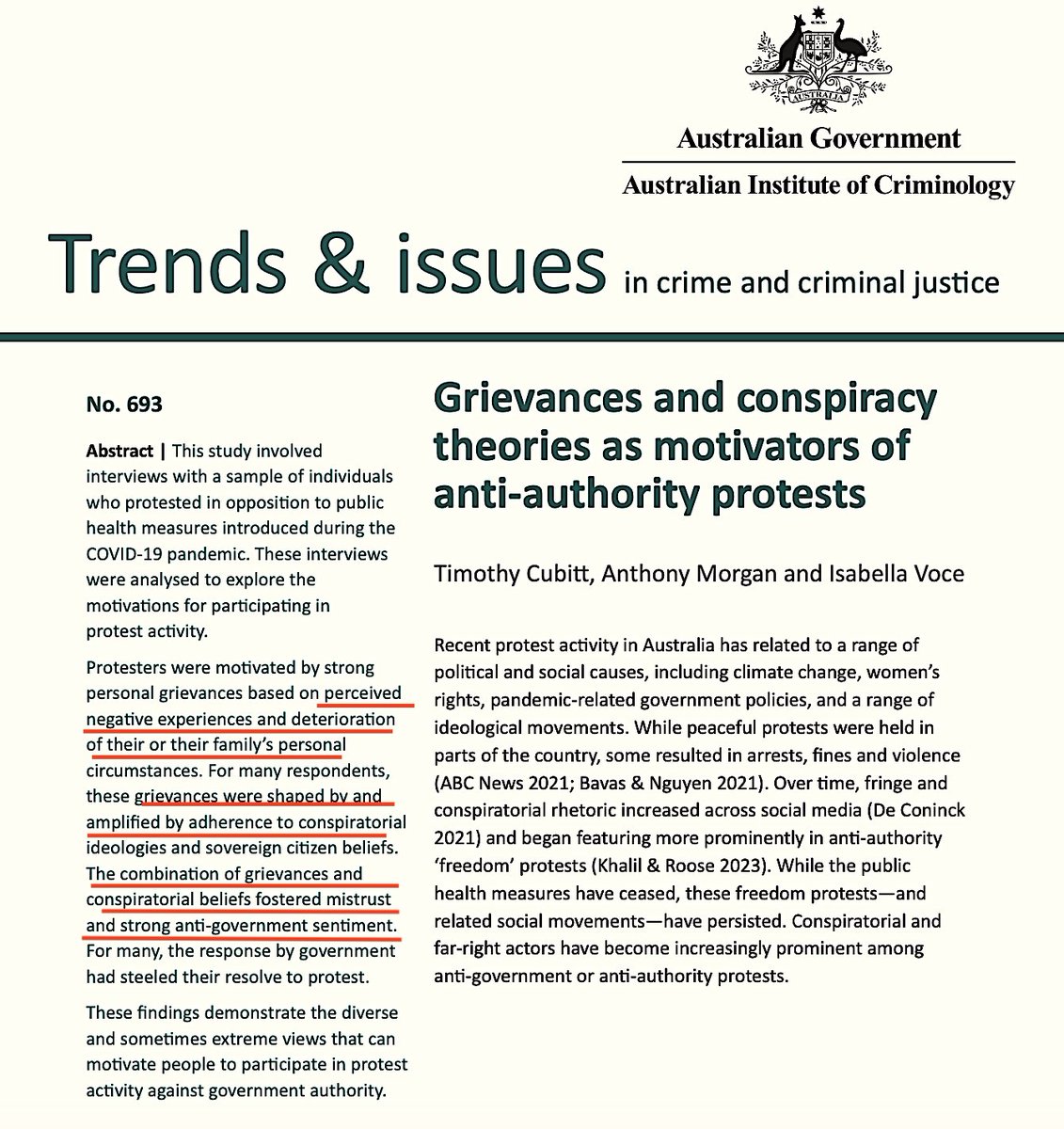 What motivated protests against COVID measures? See study: aic.gov.au/sites/default/… 'The combination of grievances & conspiratorial beliefs fostered mistrust & strong anti-government sentiment.' 'These protest movements presented an opportunity for exploitation by groups who…