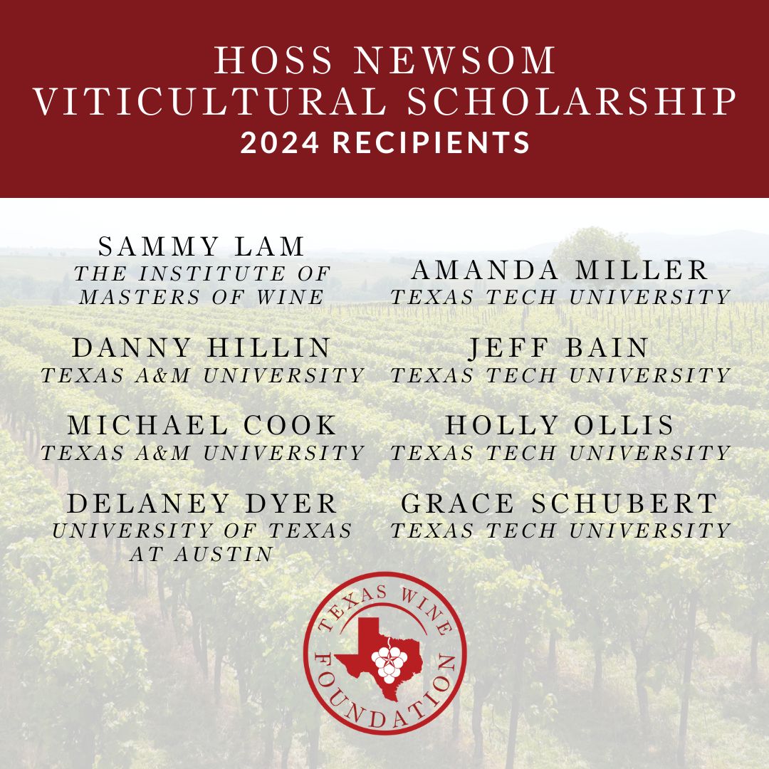 TWGGA is thrilled to announce the 2024 Hoss Newsom Viticultural Scholarship recipients, who were honored last week at Newsom Grape Day. The Hoss Newsom Viticultural Scholarship is funded by donations to the Texas Wine Foundation. txwines.org/texas-wine-fou…