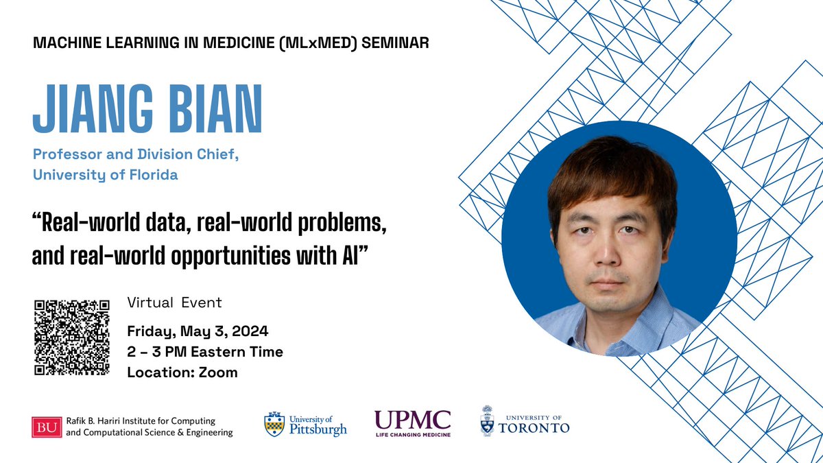 Join us on Zoom TODAY at 2PM for MLxMed Seminar “Real-world Data, Real-world Problems, and Real-world Opportunities with AI” with @UF Professor Jiang Bian. Co-sponsors: @PittTweet @UPMC @UofT @kbatmang Learn more: spr.ly/6018beJpK