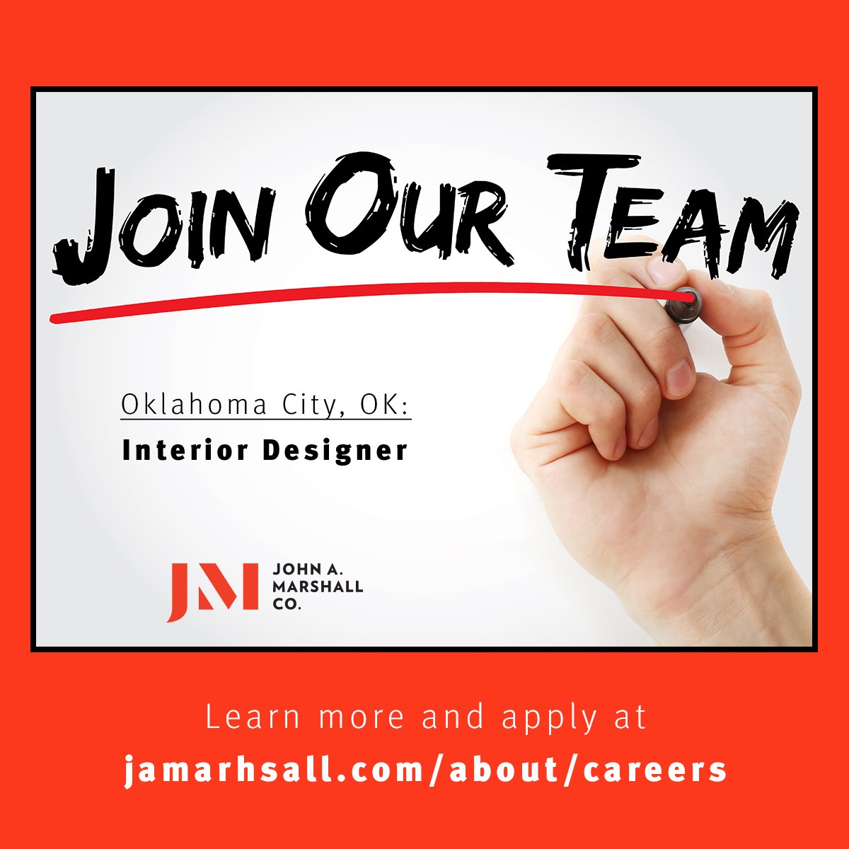 Seeking an Interior Designer in #OKC to bring our clients’ spaces to life. Detail-oriented, adept at problem-solving, and enjoy a fast-paced work? jamarshall.com/about/careers

#johnamarshallco #JAMCOcareers #oklahomacity #officefurniture #workplacedesign #millerknollcertifieddealer