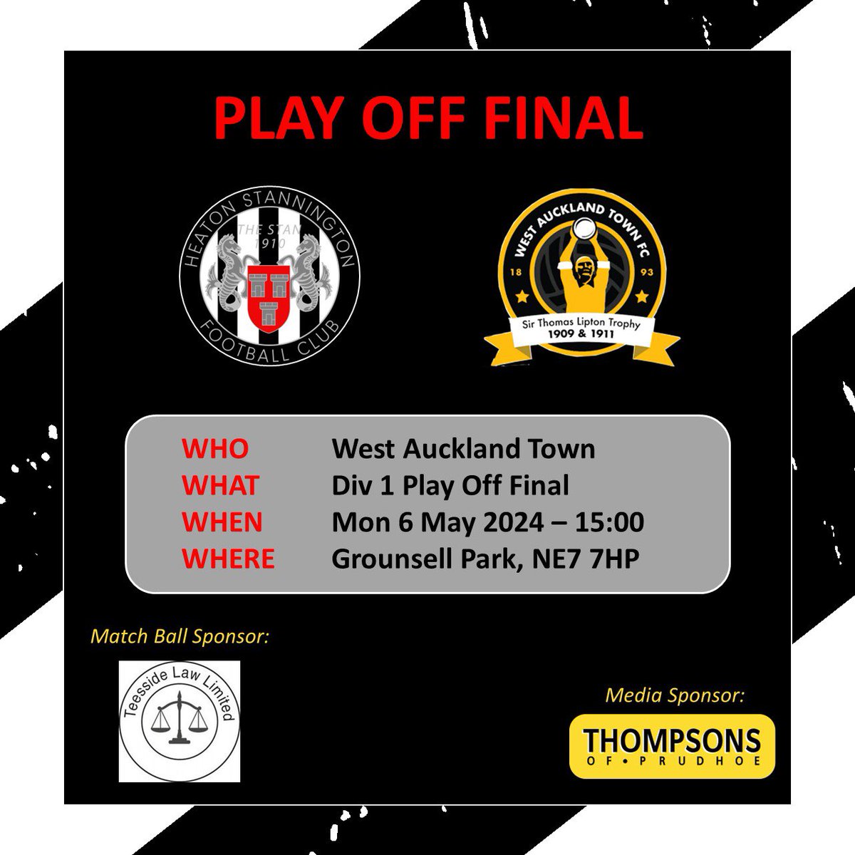 NEXT MATCH The grand finale of the season this bank holiday Monday as we welcome West Auckland to Grounsell Park for a place in the Northern Premier League. Match day information to follow!