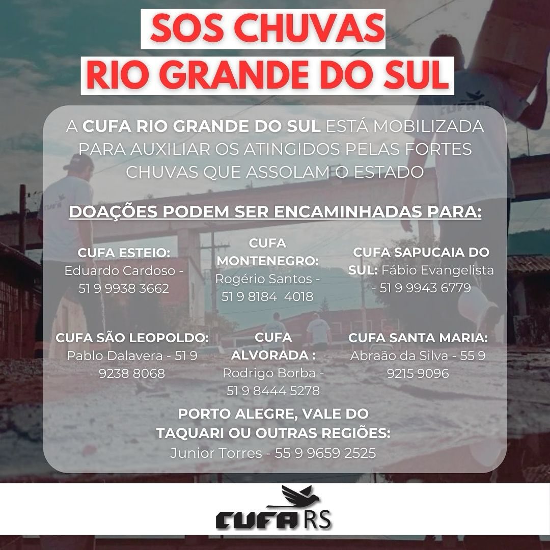 SOS CHUVAS RIO GRANDE DO SUL 
Já são contabilizados milhares de atingidos, desabrigados e desalojados.

A CUFA Rio Grande do Sul está mobilizada em função de auxiliar os afetados, contribuindo diretamente na logística de entrega de doações. 

#sosriograndedosul