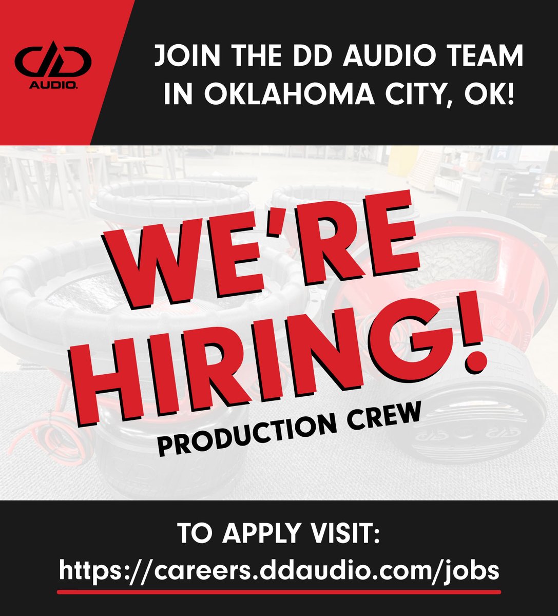 📣 JOB OPENING 📣
Want to help build the some of baddest made in USA subwoofers in the world? We're hiring a Production Crew member.
📍 Location: Oklahoma City

For details and to apply visit:
careers.ddaudio.com/jobs/detail/pr…

#hiring #jobopending #nowhiring #okcjobs #okc #oklahomacity