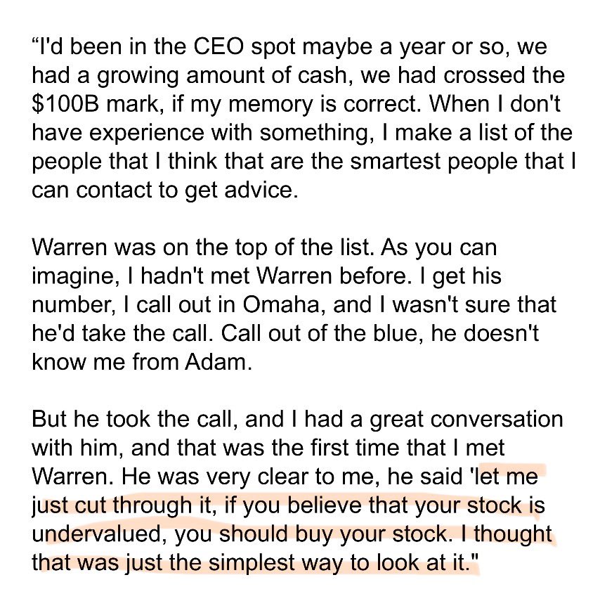 Apple’s board just approved the repurchase of $110B in shares (largest buyback ever). Since 2012, Apple has repurchased $640B+ shares.

Tim Cook started the program after chatting with Warren Buffett, who said “if you believe your stock is undervalued, you should buy your stock.”